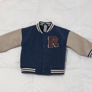 H&M Blue and Cream Varsity Jacket with Brown Patch. NWOT. Size 9 months